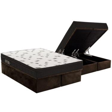 Imagem de Cama Box Baú Queen: Colchão Espuma Ortobom D45 Ligh Saúde Ortopillow + Base Crc Suede Brown(158X198)