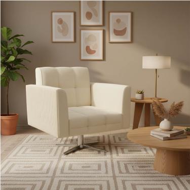 Imagem de Poltrona Sala Decorativa Elisa Base Giratória Cromada Cotelê Ext/Veludo Bege D03 - D'Rossi