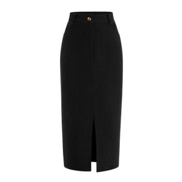 Imagem de Saia PRETTYGARDEN Midi Lápis Cintura Alta em Veludo Cotelê Preta