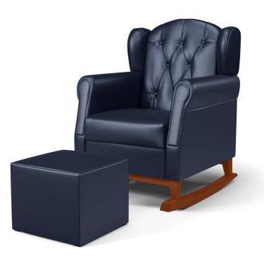 Imagem de Poltrona Amamentação Base Madeira Balanço E Puff Letícia Sintético Azul Marinho - Phoenix
