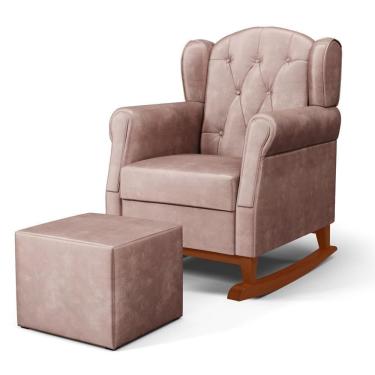 Imagem de Poltrona Amamentação Base Madeira Balanço E Puff Letícia Veludo Rosê - Phoenix