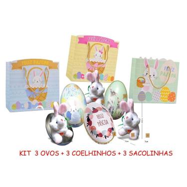 Imagem de Kit Páscoa 3 Ovos de Metal + 3 Coelhos Pelúcia + 3 Sacolas