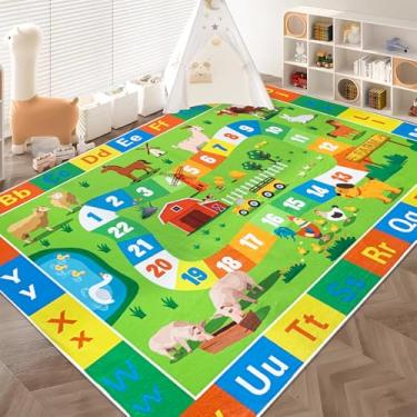 Imagem de Lacomfy ABC Tapete infantil 1,5 x 2,3 m Tapete de animais de fazenda grande tapete de sala de aula tapete de brinquedo para meninos meninas alfabeto número educacional tapete de área de aprendizagem