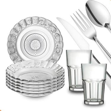 Imagem de Jogo De Pratos Fundos E Copos 30 Peças Aparelho de Jantar Em Vidro Com
