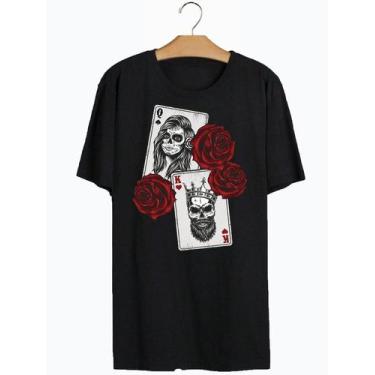 Imagem de Camiseta Preta Estampa Frente Carta Baralho King and Queen Rosas Verme