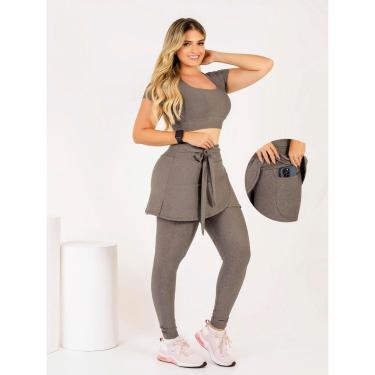 Imagem de Conjunto Calça Legging Saia Com Bolso Laço Top Cropped Moda Fitness Evangélica Academia...