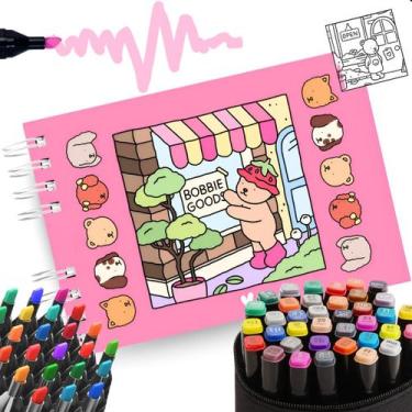 Imagem de Canetinhas Touch 36 Un + Livro Colorir Bobbie Goods A5 180g, Rosa