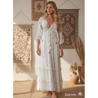 Imagem de Vestido Longo Boho Chic Manga Curto Soltinho Elegante - Branco - Deeya