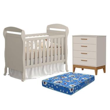 Imagem de Kit Berço Americano Danny com Colchão MDF e Cômoda Gaveteiro Flip Areia Acetinado Reller Móveis