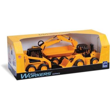 Imagem de Kit Trator de Brinquedo Workers Series 4 em 1 com Carregadeira Escavadeira Bob e Caminhão Roma