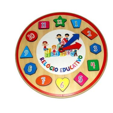 Imagem de BRINQUEDO EDUCATIVO PEDAGÓGICO RELÓGIO COM FORMAS MADEIRA MDF - MEGA IMPRESS