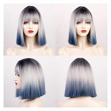 Imagem de Perucas femininas sintéticas perucas curtas retas com franja para mulheres, preto, rosa, roxo, vermelho, natural, cabelo humano (cor: D, comprimento esticado: 35,5 cm)