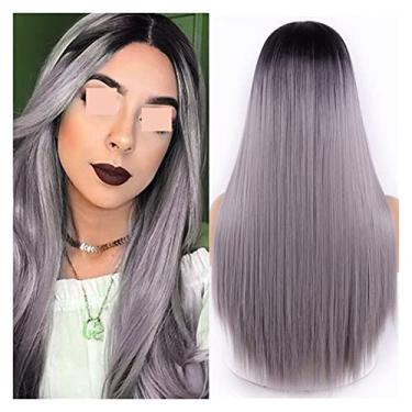 Imagem de Perucas femininas longas e lisas, peruca sintética azul claro para mulheres, peruca mista preta e loira, parte média, cabelo natural, perucas de cabelo humano (cor: 9161-R2-0906, comprimento esticado: 66 cm)