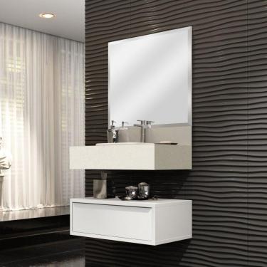 Imagem de Conjunto para Banheiro 80cm com Espelho, Gaveteiro e Bancada com Cuba de Louça Embutida Bumi Branco