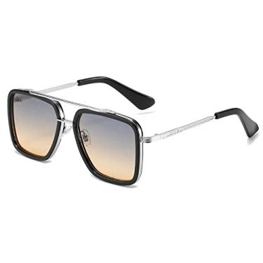 Imagem de Óculos de sol masculino Bestgift Double Bridge vintage quadrado sapo armação prata chá, chá com moldura prateada