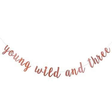 Imagem de Banner com glitter jovem selvagem e três - Decorações de festa de 3 anos para meninos e meninas - Ótimo para chá de bebê Boho com tema tribal Decoração de festa de 3 anos