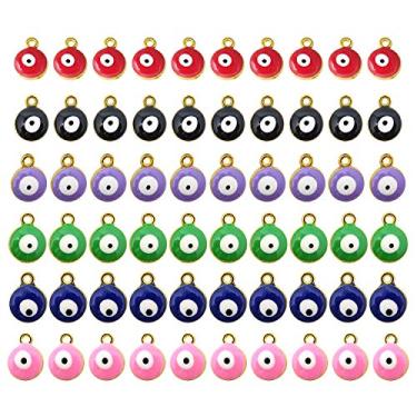 Imagem de Honbay 60 pçs liga dupla face Evil Eye encantos miçangas colorido redondo Evil Eye pingente para DIY joias brinco colar artesanato (6 cores)