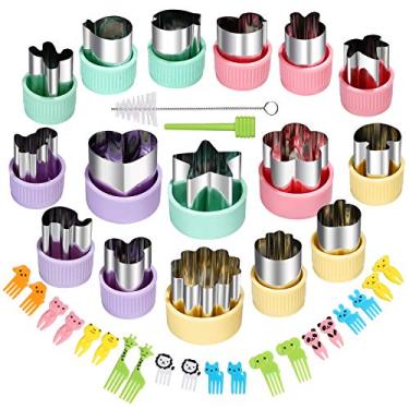 Imagem de Conjunto de moldes de cortadores de vegetais, 16 mini cortadores de biscoito, cortador de vegetais e moldes de frutas + 20 peças fofas de animais de desenho animado e garfos – para crianças e acessórios de alimentos