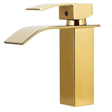Imagem de Torneira Cascata Monocomando Dourada Inox Luxo Banheiro Lavabo Mesa Bancada Agua Quente Fria Misturador