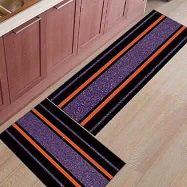 Imagem de Tapete de corredor de cozinha, geometria tema de Halloween roxo laranja listrado antiderrapante tapete de porta tapete tapete para lavanderia quarto banheiro conjunto de 2