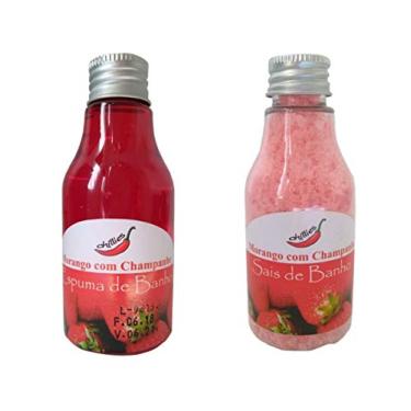 Imagem de Kit Sais de Banho e Espuma de Banho Aroma Morango com Champagne Esfoliante Aromatizante Escalda Pés Hidratante Banheira Hidromassagem Spa Fragrâncias Relaxante