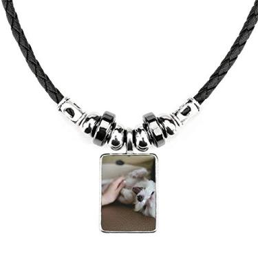 Imagem de DIYthinker Colar de cachorro branco com foto fofa de animal de estimação, joias, torque, pingente de corda de couro