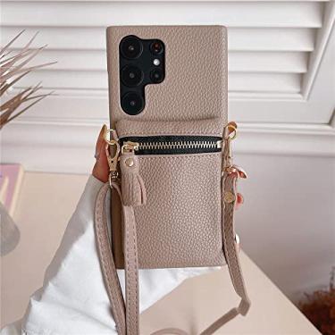 Imagem de Carteira Crossbody Colar de Couro Estojo para Cartão com Cordão para Samsung S23 Ultra S22 Plus A53 A33 A13 A54 A34 A24 A14 A22 Capa, cáqui, Para A34 5G