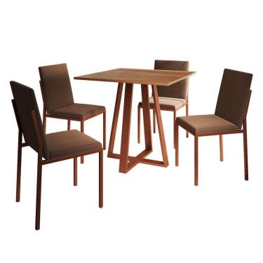 Imagem de conjunto de mesa de jantar com tampo imbuia e 4 cadeiras mônaco veludo marrom e cobre
