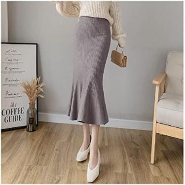 Imagem de Saia Fishtail Feminina Malha - Saia Envoltória De Quadril Apertada Saia Midi Comprimento Da Panturrilha, Elegante Bainha Fishtail Saia Longa, Saia De Tricô Grossa De Inverno Para Senhoras,Cinza,Um