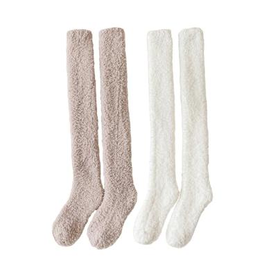 Imagem de Verdusa Meias femininas felpudas acima do joelho meias quentes cano alto lã inverno meias longas, Branco, marrom, One Size