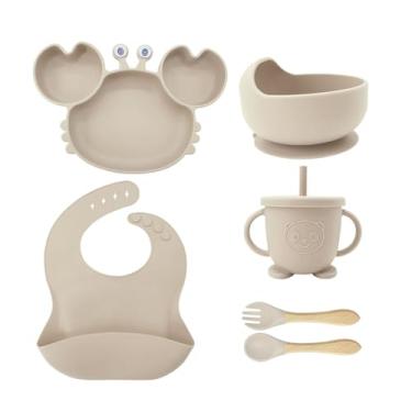 Imagem de TOPAMIX Kit de Alimentação para Bebês de Silicone Prato Copo Garfo Faca Tigela Babeiro 6 Peças Caranguejinho Divertido (Bege)