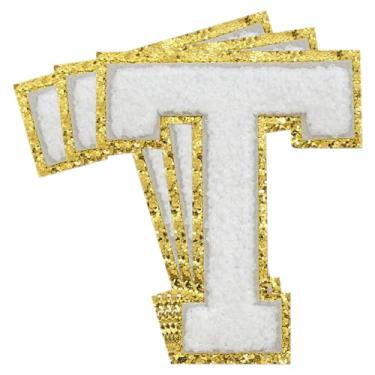 Imagem de 3 Pçs Remendos de letras de chenille com glitter dourado de ferro em remendos universitários remendos bordados de chenille remendos costurados para roupas chapéu bolsas jaquetas camisa (ouro, T)