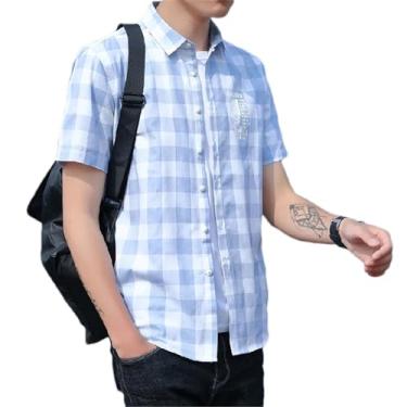 Imagem de Camisa masculina de manga curta verão algodão casual xadrez masculina xadrez verão casual manga curta, Azul claro, PP