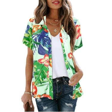 Imagem de Camisa havaiana feminina verão plantas tropicais folhas flores impressão Aloha Family Trip Botton Down Shirts, Verde, P