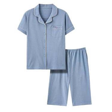 Imagem de LUZBOSE Pijama feminino confortável, conjunto de pijama de duas peças, manga curta, cardigã e botão (GG, azul)