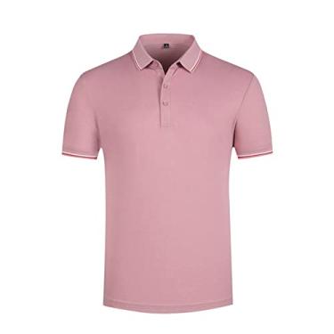 Imagem de Polos de golfe masculinos, cor sólida, gola listrada, camisa esportiva de poliéster, ajuste fino, leve, ajuste regular, verão, respirável(Color:Pink,Size:S)