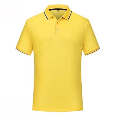 Imagem de Polos de desempenho masculino poliéster cor sólida listrado gola tênis camiseta ajuste regular leve magro ajuste esporte moda(Color:Yellow,Size:S)