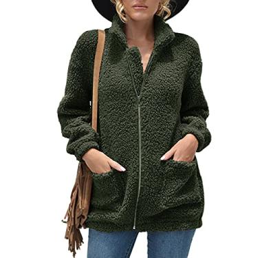 Imagem de Jaqueta de lã com dois bolsos casaco feminino de lã manga longa verde militar GG, Verde militar, XG