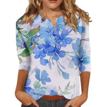 Imagem de Camisetas femininas com gola V e manga 3/4, casuais, básicas, de verão, estampa floral, botões, solta, túnica, #01 - azul, M