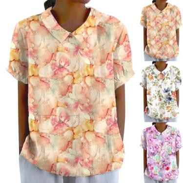 Imagem de Camisetas femininas de verão com estampa floral, casual, gola redonda, manga curta, túnica elegante e moderna, Laranja, XXG