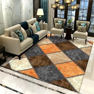 Imagem de Tapetes Acessórios de decoração para casa 200 x 250 cm Tapete da sala de estar laranja cinza quadrado desenho geométrico confortável Tapetes de cabeceira para quartos, laranja, 120 x 180 cm