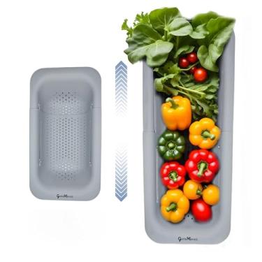 Imagem de GottaHaveit Escorredor sobre a pia para cozinha - cesto de filtro dobrável, para lavagem de frutas e vegetais, drene macarrão, pratos secos. (20 cm L, x 35 - 49 cm C, x 7 cm A) cinza