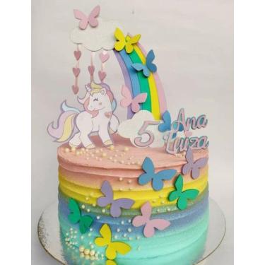 Imagem de Topo de Bolo Unicórnio Personalizado Arco Íris / Borboletas - MIWL ART