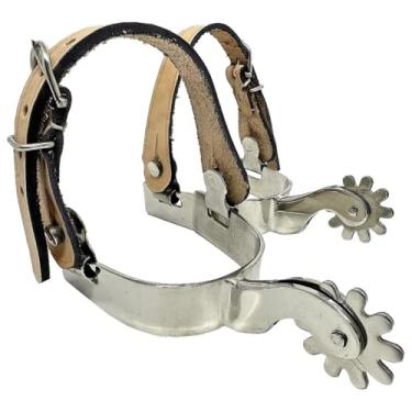 Imagem de Par Espora Doma Cavalo Quarto De Milha Vaquejada Aço Inox Com Correia Couro KLOPR