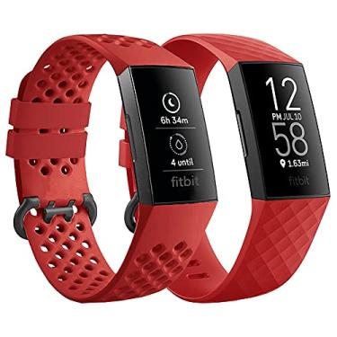 Imagem de Qimela Pulseira de relógio de substituição compatível com Fitbit Charge 3/Fitbit Charge 4 para mulheres e homens, pulseiras clássicas esportivas de silicone líquido, pacote com 2 unidades (vermelha,