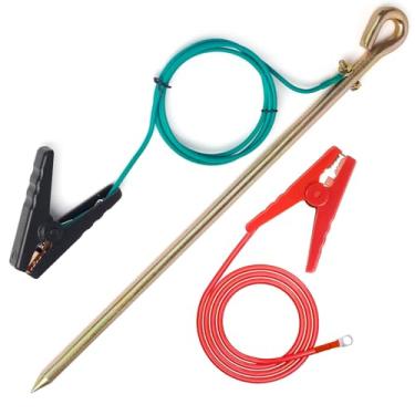 Imagem de CYANTEKOMS Haste de aterramento portátil com fio de aterramento listado UL de 1,2 m 12AWG com clipe de crocodilo, ótimo para cercas elétricas, antenas, gerador (haste de aterramento com 2 peças de fio