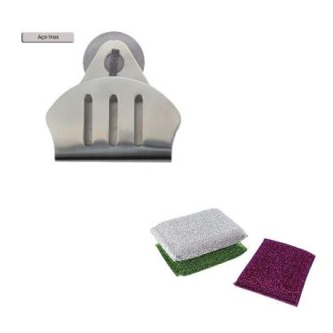 Imagem de Porta Esponja de inox ventosa concha e 3 Esponjas anti risco - Utensil
