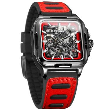 Imagem de FORSINING Relógio de pulso masculino à prova d'água, esqueleto, elegante, automático, steampunk, pulseira de silicone, luminoso, quadrado, luminoso, 4 vermelhos, Moderno