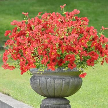 Imagem de Plantas artificiais falsas ao ar livre, 12 pacotes de flores artificiais vermelhas para decoração de primavera e verão, margarida de seda sintética, resistente a UV, realista, para varanda, pátio,