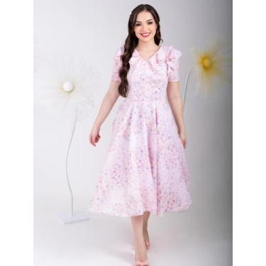 Imagem de Vestido feminino Midi com babado Rodado Florido - Fashion, Rosa bebê, 